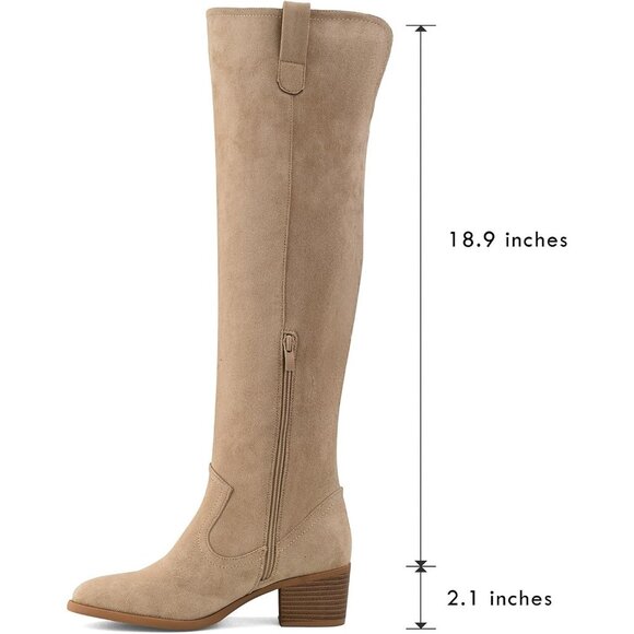 Women's Nude Faux Suede Over The Knee Thigh High Chunky Heel Pointed Toe Boots - Picture 2 of 6